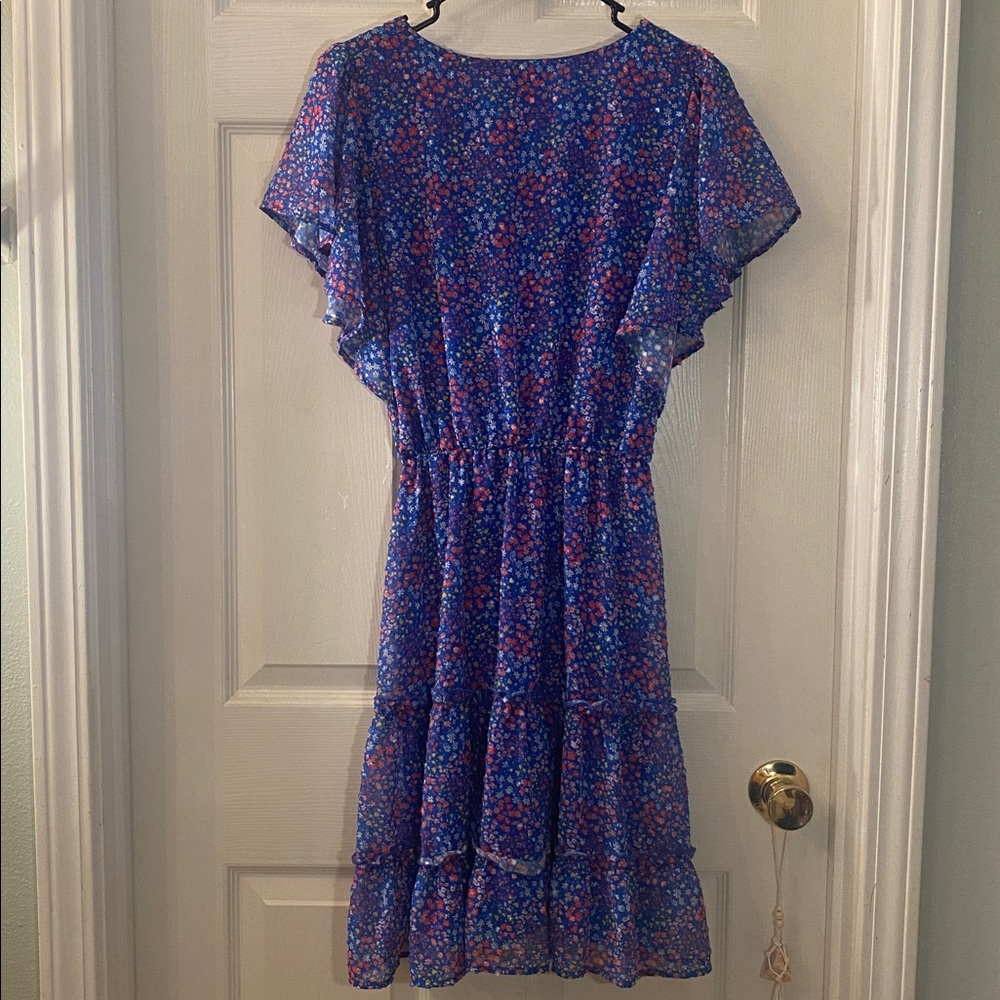 Peach Love California Blue Red Yellow White Sheer Floral Mini Dress - Picture 9 of 15